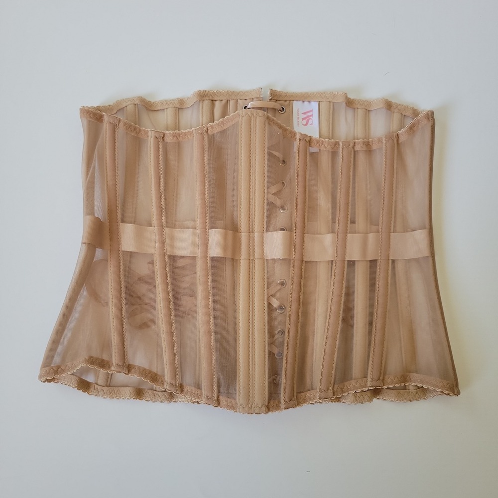 Waist Secrets Boned Mesh Corset Waist Trainer Large Tan Sheer Lace Up Boudoir